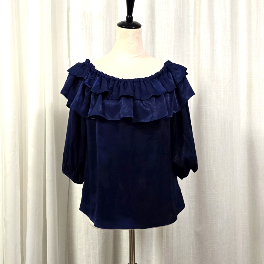 2/$30 Vince Camuto‎ Blue Satin Off Shoulder Blouse  Ruffle Neck Line Size S